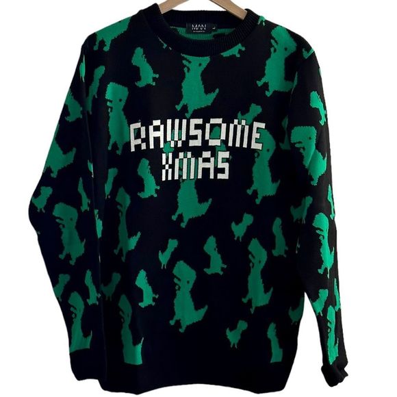 “Rawsome Xmas” T Rex Dinosaur Ugly Christmas Sweater Men’s Large - Picture 1 of 6